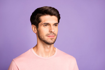Close-up portrait of his he nice attractive calm peaceful content focused brunet bearded guy...