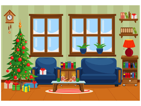 Vector illustration of Christmas living room with Christmas tree, gifts, sofa, table with treats and snow-covered window.