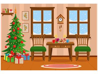 Vector illustration of Christmas living room with Christmas tree, gifts, table with treats and snow-covered window.