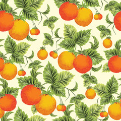 Orange fruit with green leaves decorated seamless pattern background.