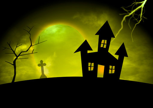 A haunted house is sillhouetted against a stormy green sky - the moon is rising and lightning strikes.