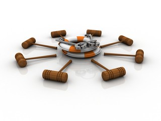 3D illustration key in life belt around hammer