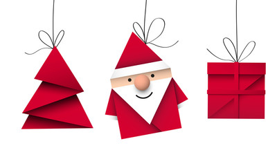 Święty Mikołaj, choinka i prezent origami. Bożonarodzeniowa kartka z życzeniami wektor. - obrazy, fototapety, plakaty