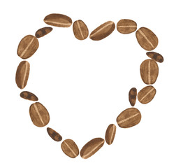 Brown heart made from coffee beans. Watercolor isolated on a white background. Can be used for cards, flyers, posters, t-shirts and other designs.