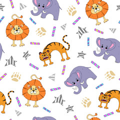 funny childish seamless pattern. Vector with cute cartoon lions, elephants, stars, decorative elements. hand drawing. Design for fabric, print, textile, wrapping paper.