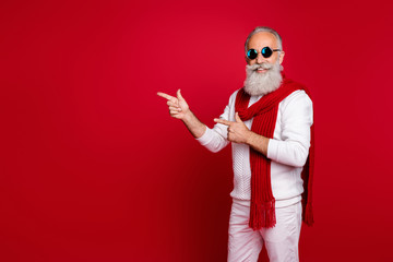 Fototapeta na wymiar Portrait of his he nice attractive handsome confident cheerful classy bearded gray-haired man demonstrating copy space ad advert solution isolated over bright vivid shine red background