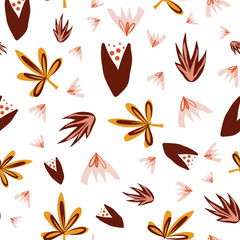Fototapeta premium Abstract doodle florals seamless vector pattern red orange yellow. Flowers and leaves repeating background in fall colors. Use for surface pattern design, fabric, Thanksgiving, home decor, gift wrap