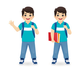 Smiling asian school boy with backpack and book waving hand isolated vector illustration