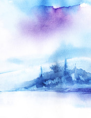 Abstract watercolor landscape. Transparent silhouette of a forest on the far shore. Blue island in a snowy field. Hand-drawn illustration on texture paper