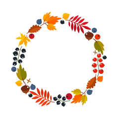 Autumn wreath of maple leaves, berries, acorns. Thanksgiving concept. flat vector illustration