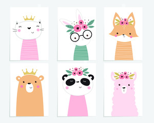 Posters with animals. Cartoon characters. Cartoon animals. Cat, rabbit, squirrel, fox, bear, panda, llama, alpaca