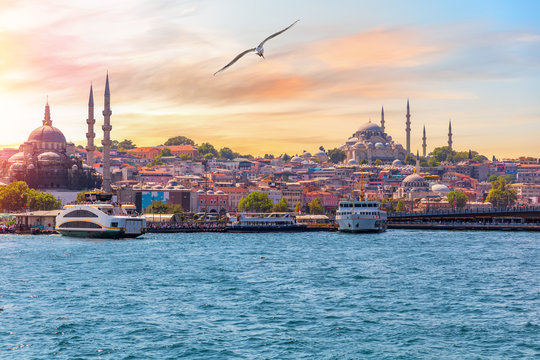 The Suleymaniye Mosque and the Rustem Pasha Mosque, view from the Bosphorus, Istanbul, Turkey