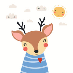 Hand drawn portrait of a cute deer in striped shirt, with sun and clouds. Vector illustration. Isolated objects on white background. Scandinavian style flat design. Concept for children print.