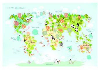 Vector map of the world with cartoon animals for kids. Europe, Asia, South America, North America, Australia and Africa. 