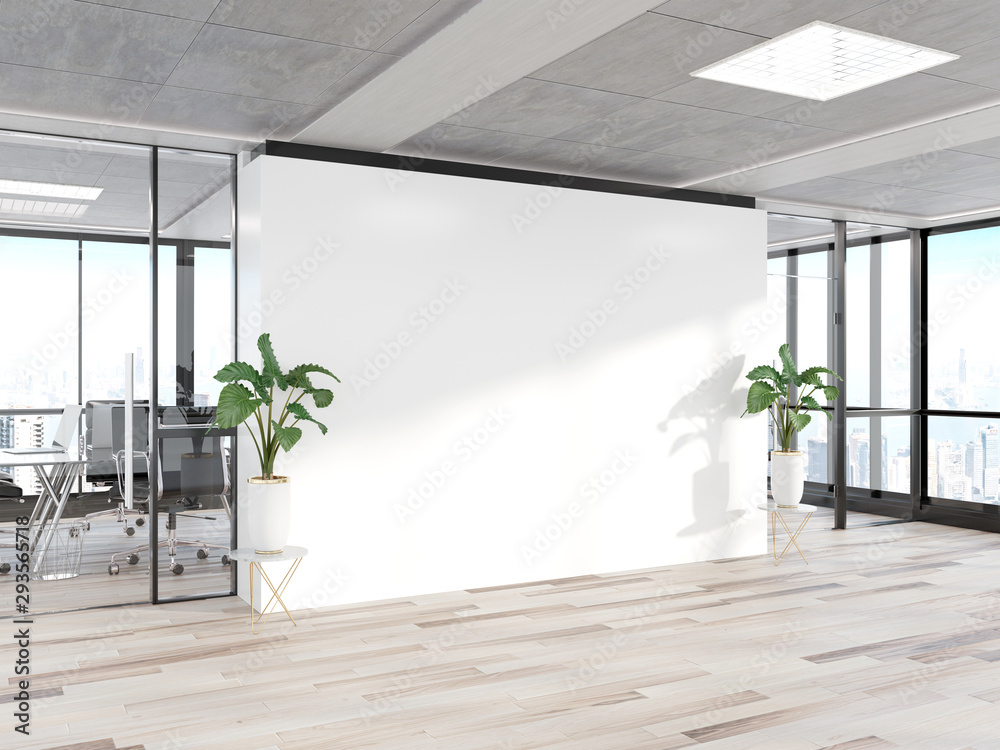 Poster blank wall in bright concrete office with large windows mockup 3d rendering