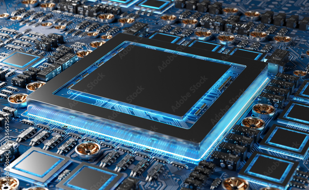 Fototapete close-up view of a modern gpu card with circuit 3d rendering