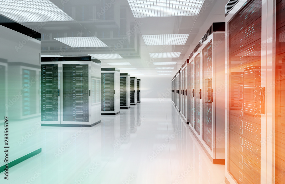 Leinwandbilder servers data center room with bright speed light through the corridor 3d rendering