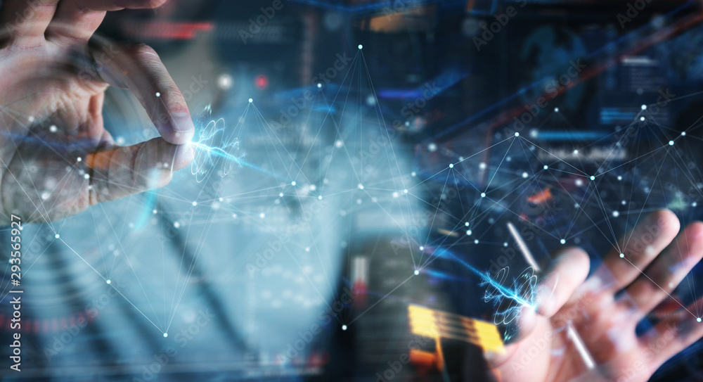 Poster businessman using floating digital network connections with dots and lines 3d rendering