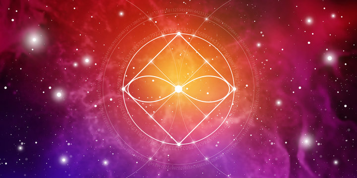 Sacred geometry website banner with golden ratio numbers, eternity symbol, interlocking circles and squares, flows of energy and particles in front of outer space background. The formula of nature.