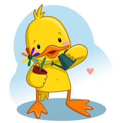 Duck holding watering can watering plant in pot