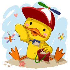 Happy smiling duck play in  making toy bucket castle using shovel. 