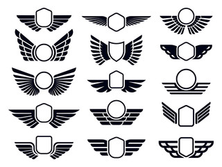 Winged frames. Flying bird shield emblem, eagle wings badge frame and retro aviation fast wing symbol vector set © Tartila
