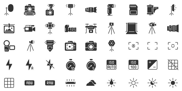 Photo camera silhouette icon. Photography cameras shutter speed, aperture and digital camera exposure black stencil icons vector set
