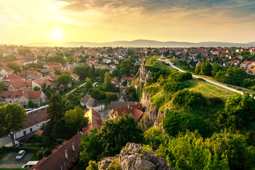 The green hill garden in the middle of old town Veszprem, Hungary at sunset