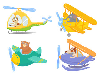Schattige dieren op luchtvervoer. Dierlijke piloot, huisdier in helikopter en vliegtuigreis kinderen cartoon afbeelding set