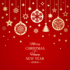 Fototapeta na wymiar Christmas haw card or banner. Hanging Christmas balls of garlands and stars. Congratulatory text. Christmas holidays concept Xmas.