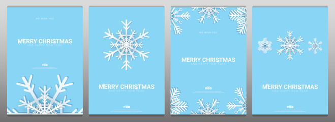Set of Merry Christmas backgrounds with snowflakes on the blue background.