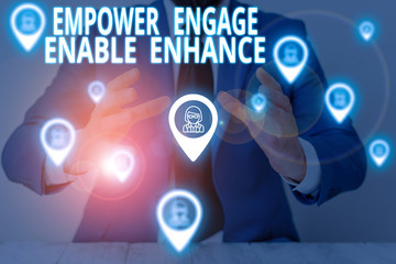 Conceptual hand writing showing Empower Engage Enable Enhance. Concept meaning Empowerment Leadership Motivation Engagement Male wear formal suit presenting presentation smart device
