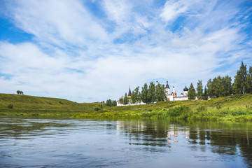 Fototapeta na wymiar Orthodox male monastery in the Staritsa city on the Volga River