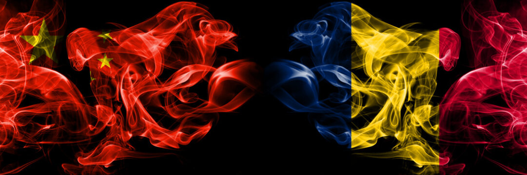 China vs Chad, Chadian smoke flags placed side by side. Thick colored silky smoke flags of Chinese and Chad, Chadian