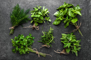 Garden herbs, freshly harvested bunch of herb, flat lay, top view