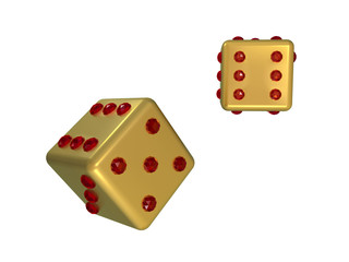 3d illustration. Golden dices isolated on white background.