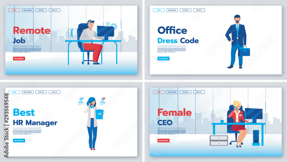 Wall mural business landing page vector templates set. office dress code website interface idea with flat illus