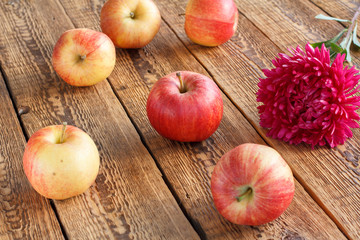 Just picked apples and flower on old wooden boards