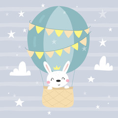 Bunny in the Air Balloon. vector card with cute bunny. vector print - 293569941