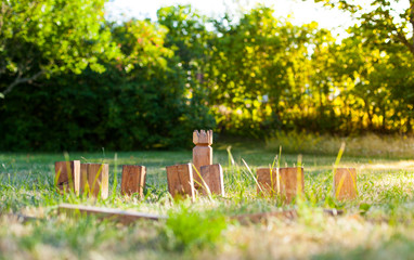 Wikingerschach (Kubb) aus Holz in Garten aufgestellt. Wooden Kubb sticks in garden.