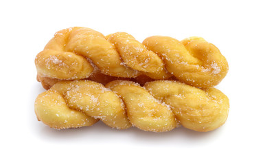 twisted bread donuts with sugar isolated on white