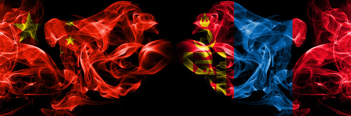 China vs Mongolia, Mongolian smoke flags placed side by side. Thick colored silky smoke flags of Chinese and Mongolia, Mongolian