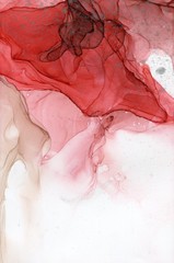Abstract illustration in alcohol ink technique. Red, brown and pink marble texture. Wash drawing effect wallpaper. Modern illustration for card design, banners, ethereal graphic design.