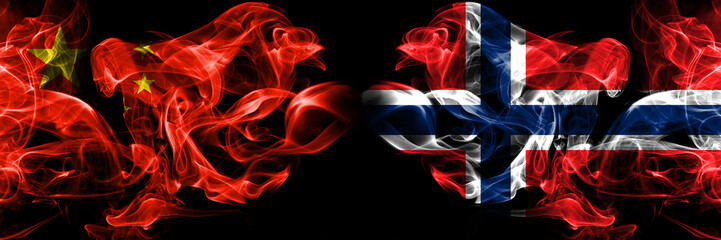 China vs Norway, Norwegian smoke flags placed side by side. Thick colored silky smoke flags of Chinese and Norway, Norwegian