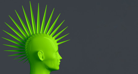 Abstract dark background with female profile and stylized defiant fashion hairstyle Mohawk painted green 3D illustration