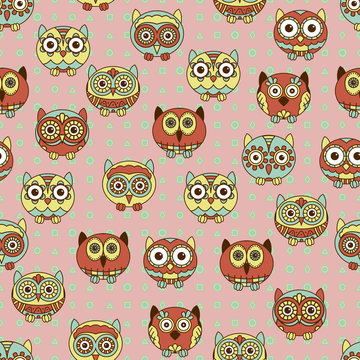Seamless texture with cartoon various owls