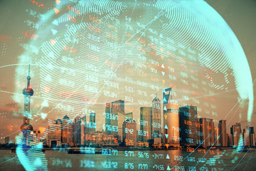 Double exposure of business theme hologram drawing and city veiw background. Concept of success.
