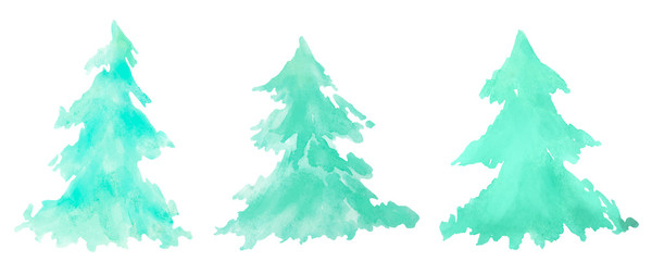 Silhouette of green Christmas trees on a white background Watercolor illustration.
