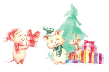 Mouse or rat, a symbol of 2020, presents a gift to other mouse on a spruce tree background, Christmas concept.  Watercolor illustration.
