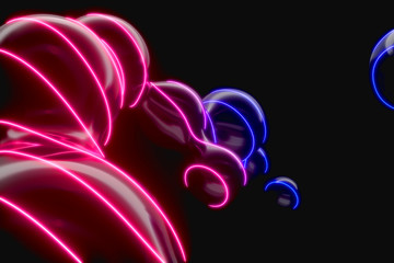 Lots of flying and separating drops on a black background with neon lighting 3D illustration
